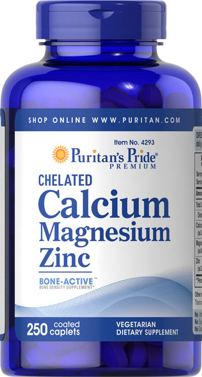 Puritan's Pride Chelated Calcium Magnesium Zinc 1000 mg/400 mg/25 mg / 250 Caplets / Item #004293