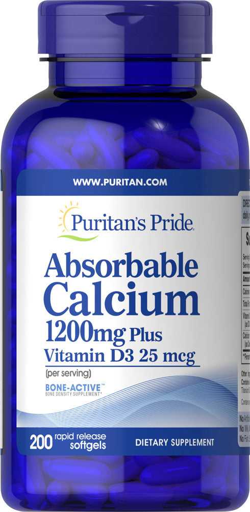 Puritans Pride Absorbable Calcium 1200 Mg With Vitamin D3 1000 Iu 1200 Mg 200 Softgels Item 006274