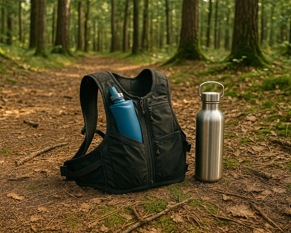 Gilet d'hydratation et gourde en inox dans la foret