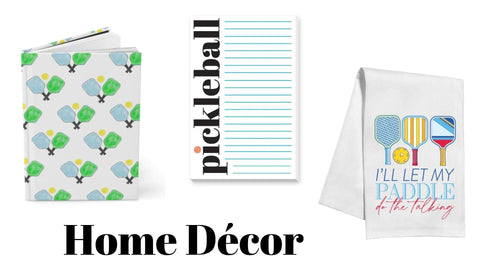 pickleball home decor, journals, notepads, napkins, coasters