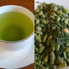cup of genmaicha matcha iri and unbrewed leaves