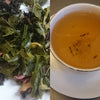 leaves and cup of sencha with rhubarb