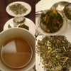 collage of sweet melissa herbal infusion and loose leaves
