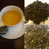 montage of wild cherry gunpowder green tea with dried and brewed tea leaves