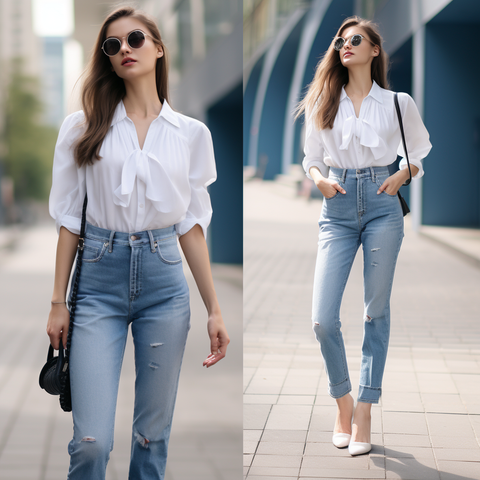 Blouse Shirt Paired with High-Waisted Jeans Infinite Clothing