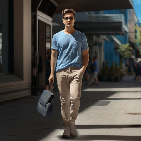 Infinite Clothing Blue TShirt Teamed with Beige Pants