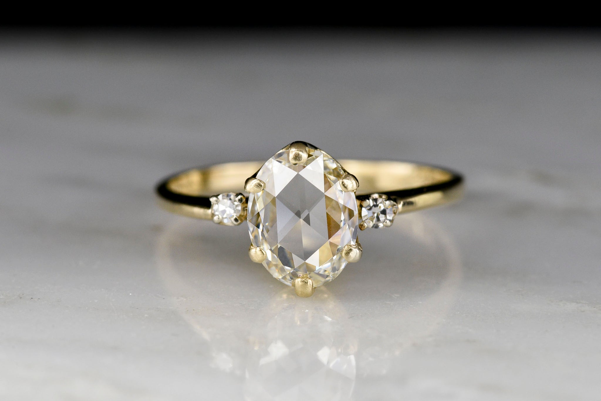 Vintage Engagement Ring: Oval Rose Cut Diamond Three Stone Ring ...