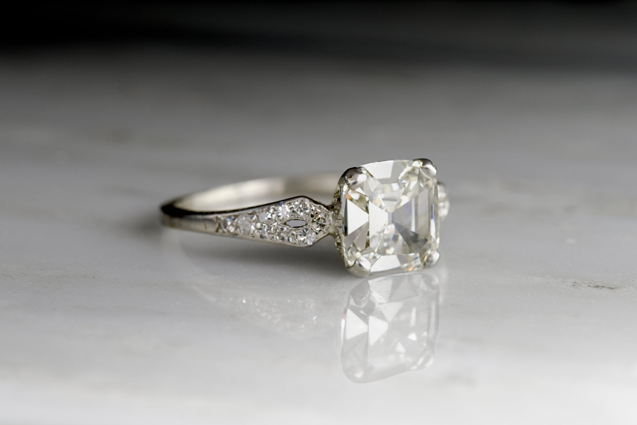 Vintage Edwardian Engagement Ring; 1.68 Carat Old Step Cut Diamond ...