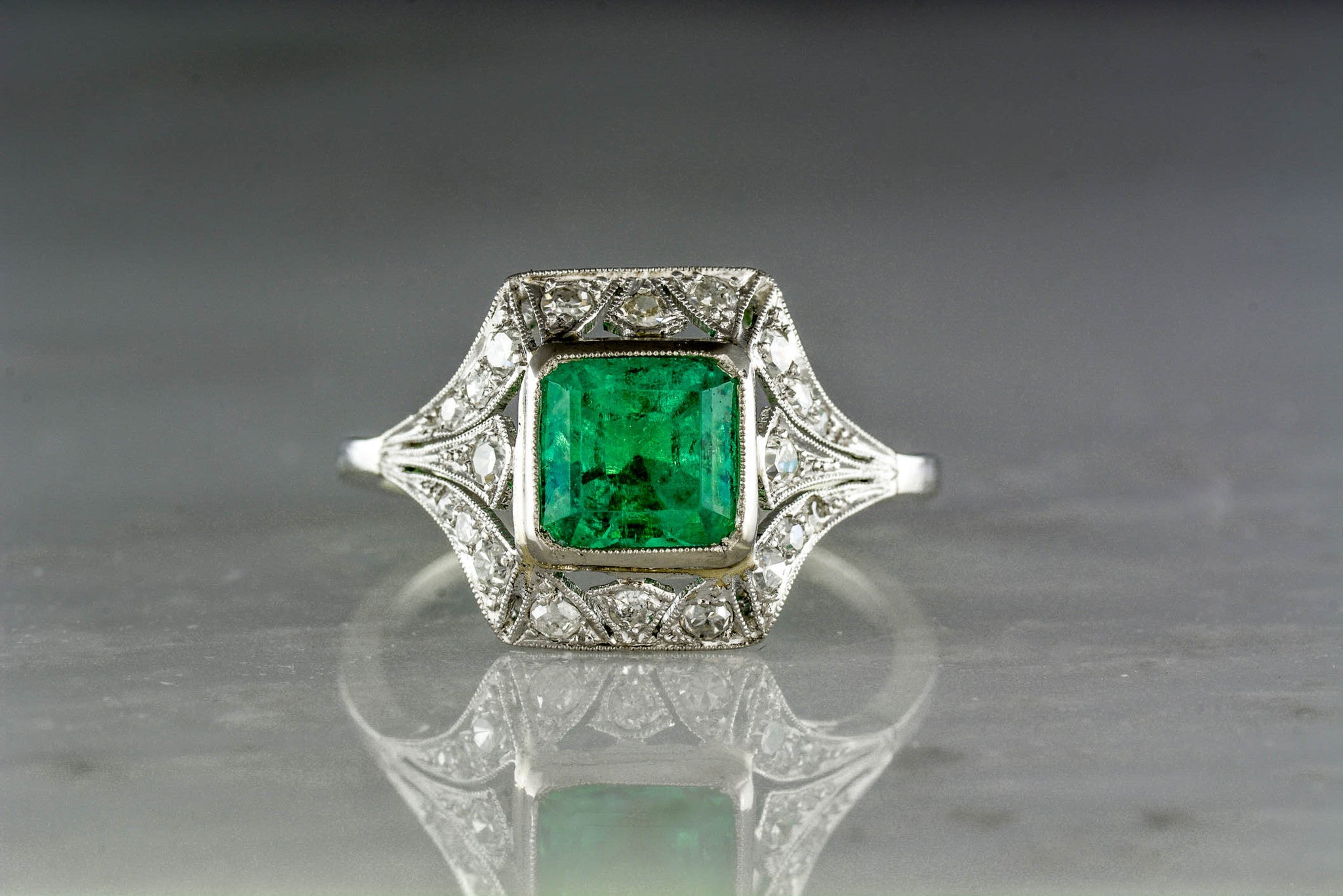Antique 1.40 Carat Asscher Cut Emerald in an Edwardian / Art Deco Enga ...