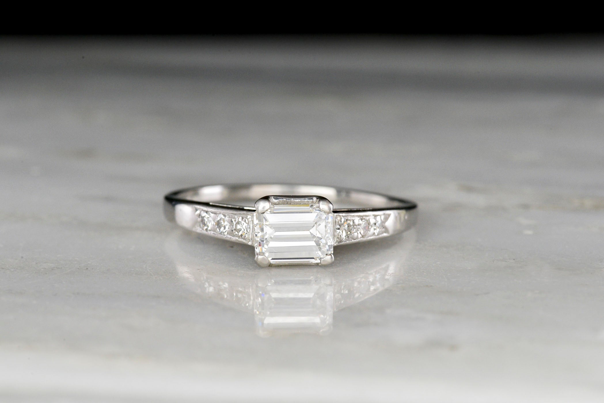 Art Deco / Midcentury East-West Emerald Cut Diamond Engagement Ring ...