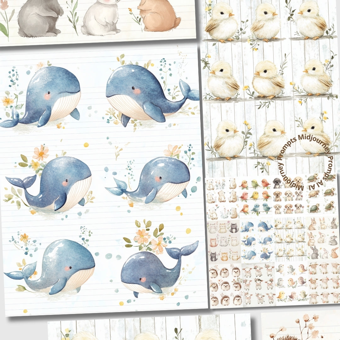 Midjourney Prompts for Cute Whimsical Animals Lined Papers