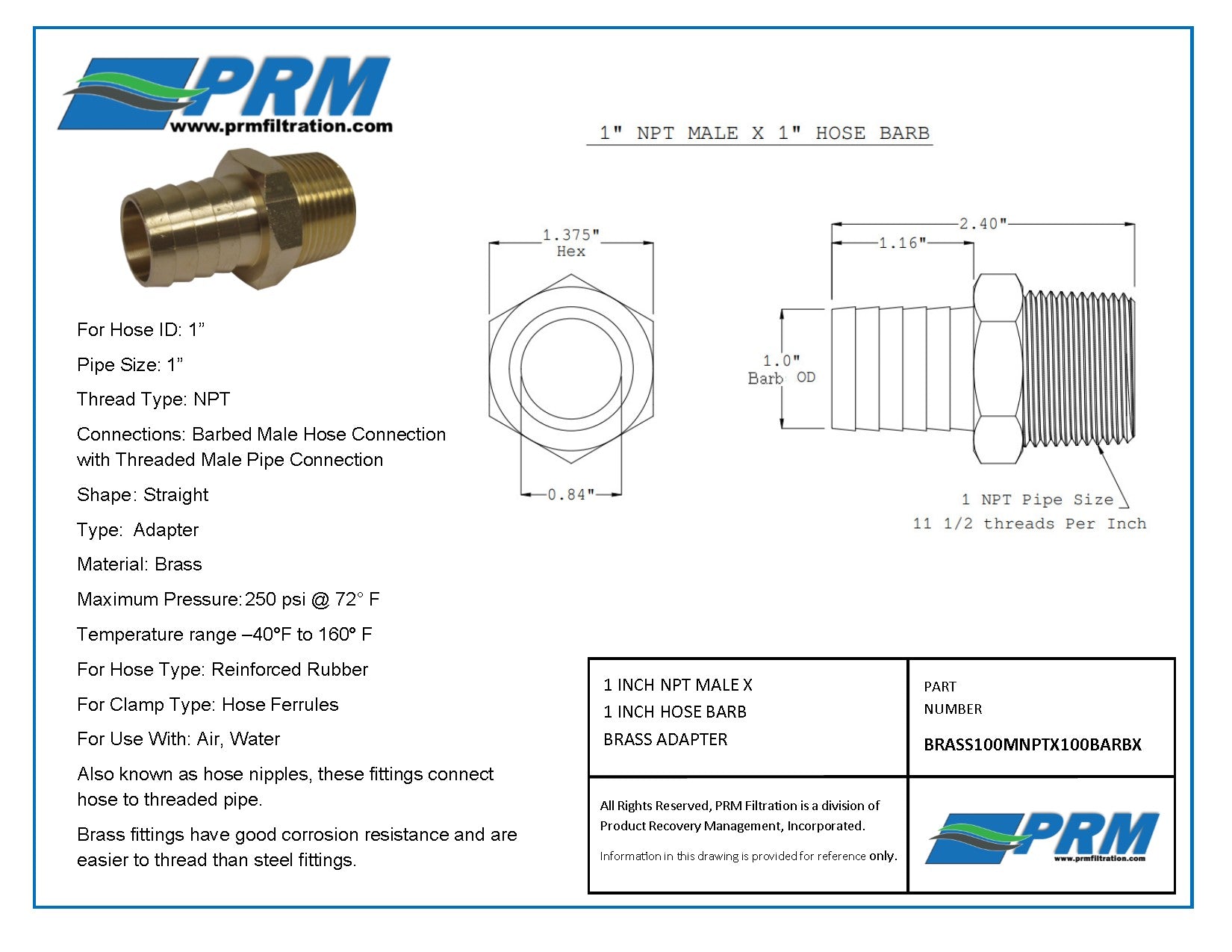 Brass Hose Barb - 1 ID Hose Barb x 1 Male NPT