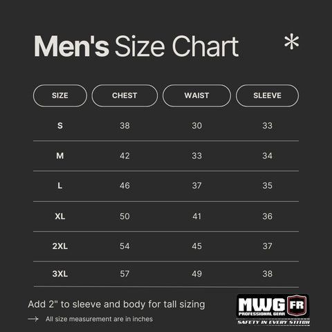 Men's FR Clothing sizing chart