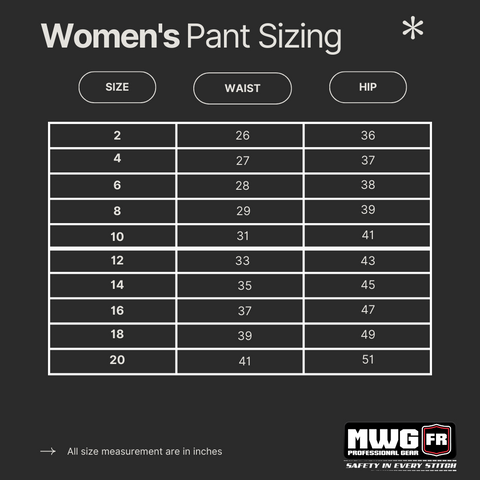 Women's FR Pants sizing chart