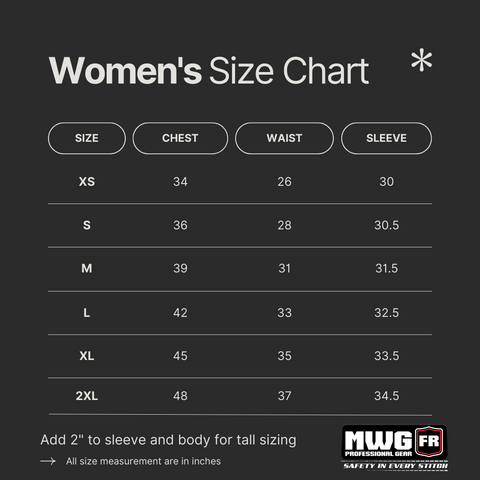 Women's FR Clothing sizing chart