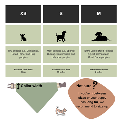 A graph which shows the different size options for puppies. Extra small bandanas are for very small puppies like chihuahuas, small bandanas are for spaniel and beagle puppies, and large bandanas are for labrador and husky puppies.