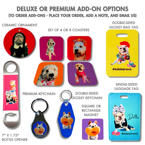 examples of custom photo gifts: ceramic ornament, photo coasters, bottle opener, keychain, luggage tag and more