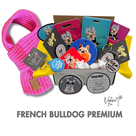 Premium gift box for the Frenchie mom who has everything! Box shown is Premium and stuffedf ull of custom photo gifts, scarf, dog tags, custom luggage tags, stickes, Frenchie keychain, Frenchie Pin, French Bulldog utensil rests and more!