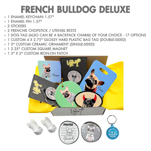 FRENCH BULL DOG GIFT BOX WITH CUSTOM PHOTO LUGGAGE TAG, ORNAMENT, PATCH, AND MAGNET. IT ALSO SHOWS STICKERS, DOG TAG, KEYCHAIN, AND PIN THAT ARE INCLUDED IN THE FRENCHIE GIFT BOX.