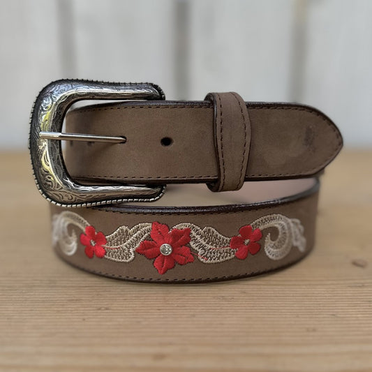 JB15-02 Brown Belt with Red Flowers, Cinturones para Mujer