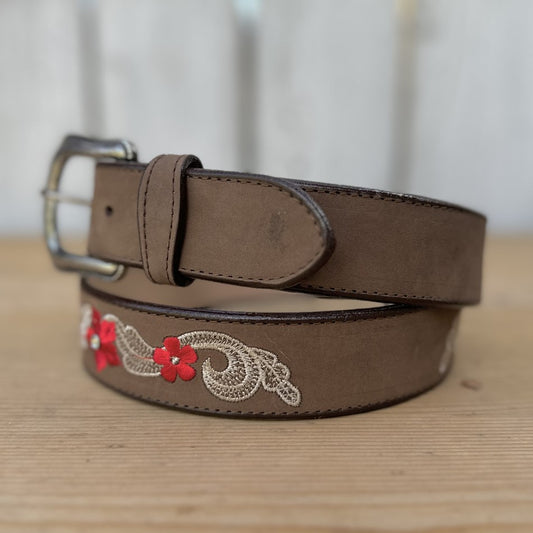 JB15-02 Brown Belt with Red Flowers, Cinturones para Mujer