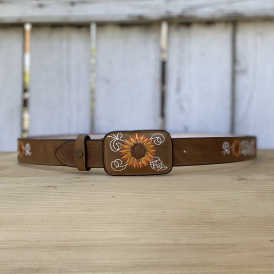 JB1501-Brown belt with flowers, Cinturones para Mujer