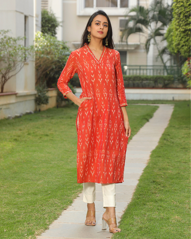 Orange Handcrafted Nighties In Soft pochampally fabric.