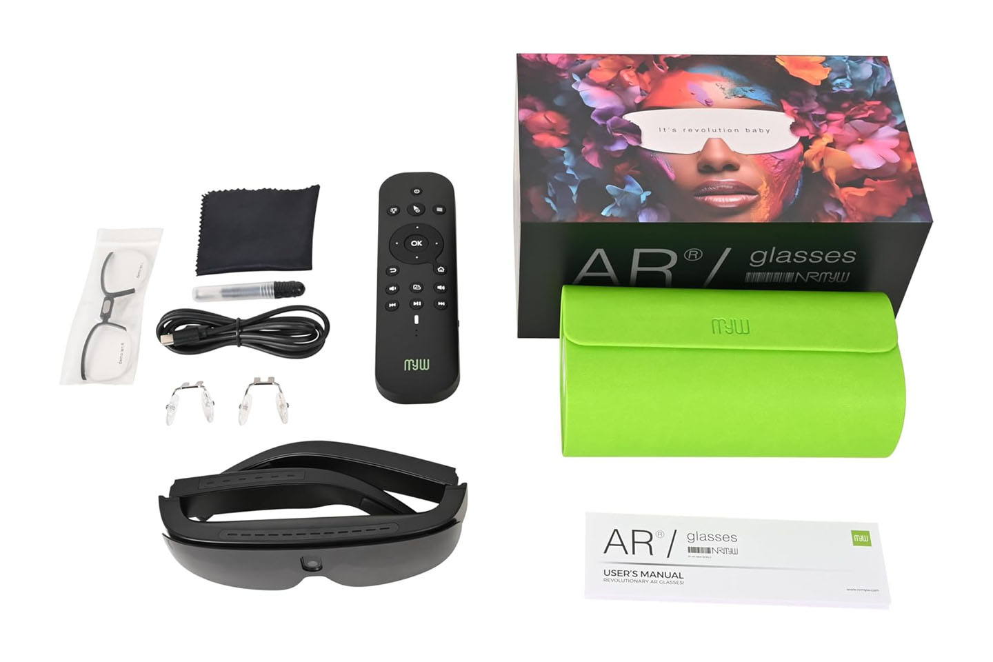 dark high-tech glasses next to remote, cable, accessories, and box