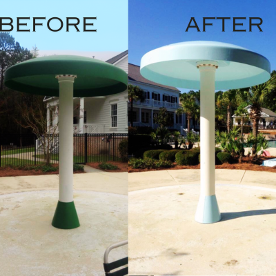 Before and after photo of playground equipment before quantum paint application and the a photo showing the beauty after