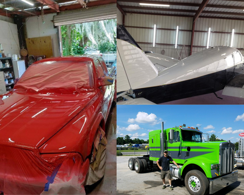 Left image is a red truck that has been painted with our Quantum 99 Sunfast red automotive paint, top right silver and black plane painted with our Quantum 99 line, Bottom Right a tractor trailer painted with our wasabi green paint color