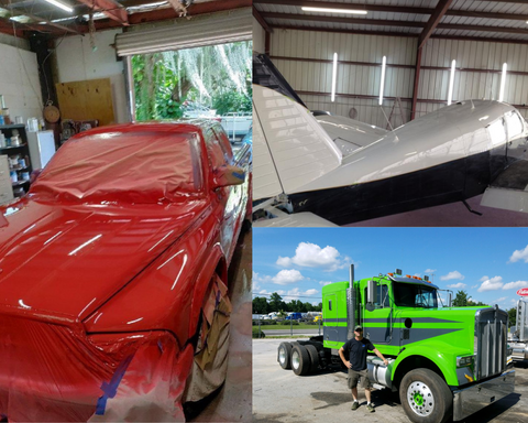 La imagen de la izquierda es un camión rojo que ha sido pintado con nuestra pintura automotriz roja Quantum 99 Sunfast, arriba a la derecha un plano plateado y negro pintado con nuestra línea Quantum 99, abajo a la derecha un remolque de tractor pintado con nuestro color de pintura verde wasabi