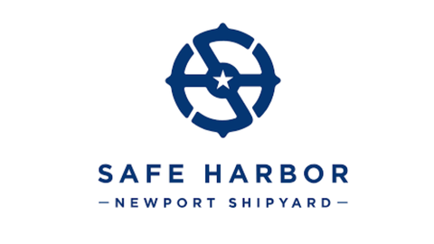 ship steering wheel above business name safe harbor newport shipyard