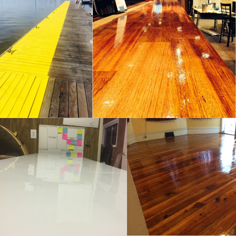 top left yellow dock being completed with quantum 99, top right wooden bar finished with quantum 99 clear, Quantum off white for table, bottom right wooden floor finished with quantum 99 clear