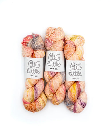 Flay lay photo of variegated cream and pink shades, hand dyed sock yarn in hank form