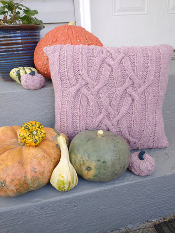Photo of Friendship Cushion in purple surrounded by pumpkins and gourds.