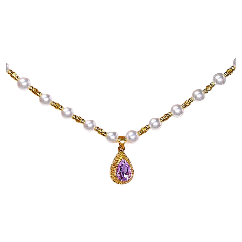 French-Style Purple Teardrop Durian Pearl Necklace for Women - Light Luxury Minimalist Design