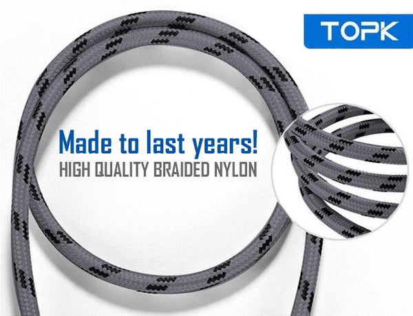 TOPK Type-C USB Lead with a tough exterior of finely braided nylon