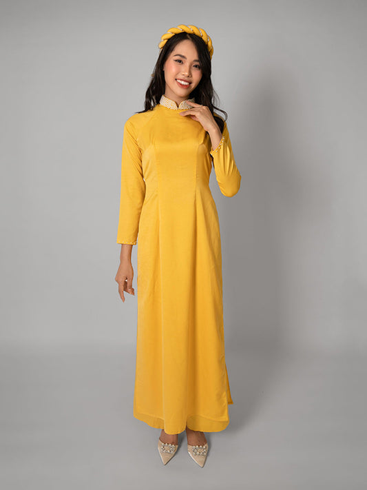 Vietnamese dress ao dai cach tan asian size xL new dress yellow mommy only