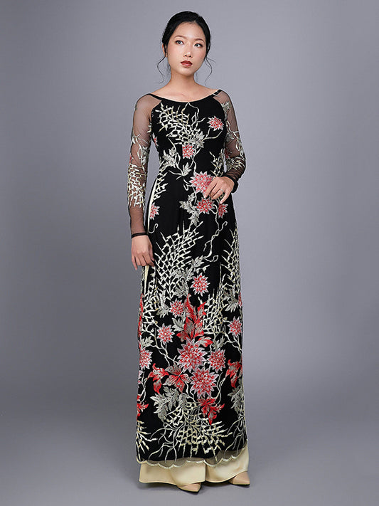 Custom made ao dai. Hand-painted peacock motif on black silk