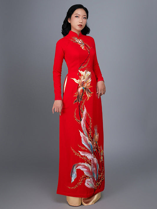 Custom made ao dai. Hand-painted peacock motif on black silk