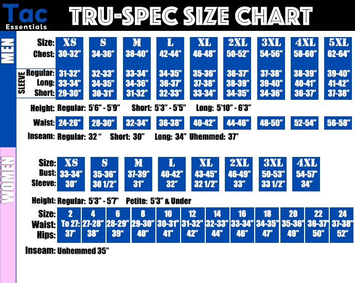 Tru-Spec Size Chart