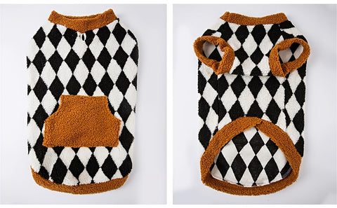 Warm tartan dog coat for winter, showcasing the cozy cotton material and pullover design