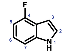 Chemical structure of 4-fluoroindole with labelled positions