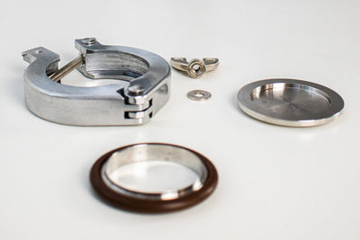 KF flanges: clamp, centering ring, and blanking plate, used in Ossila Laboratory Glove Box feedthroughs