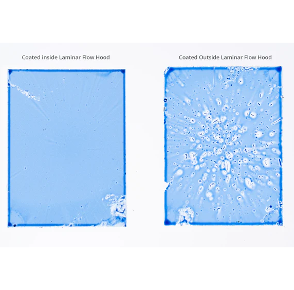 Spin coating coated inside and outside a laminar flow hood - films have less and more defects respectively.