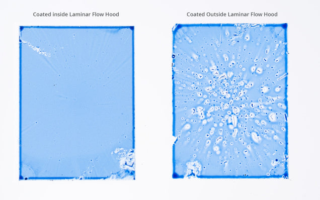 Spin coating coated inside and outside a laminar flow hood - films have less and more defects respectively.