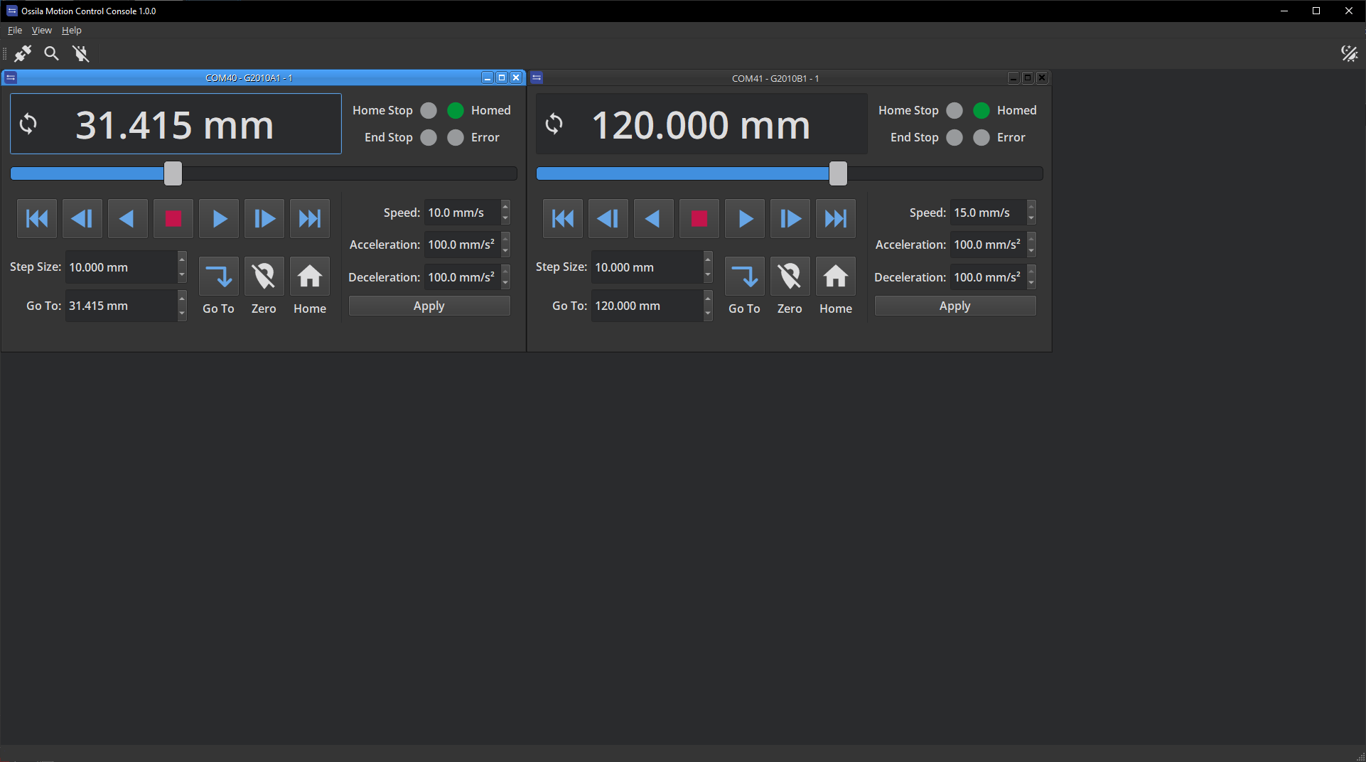 Free linear stage control software in dark mode