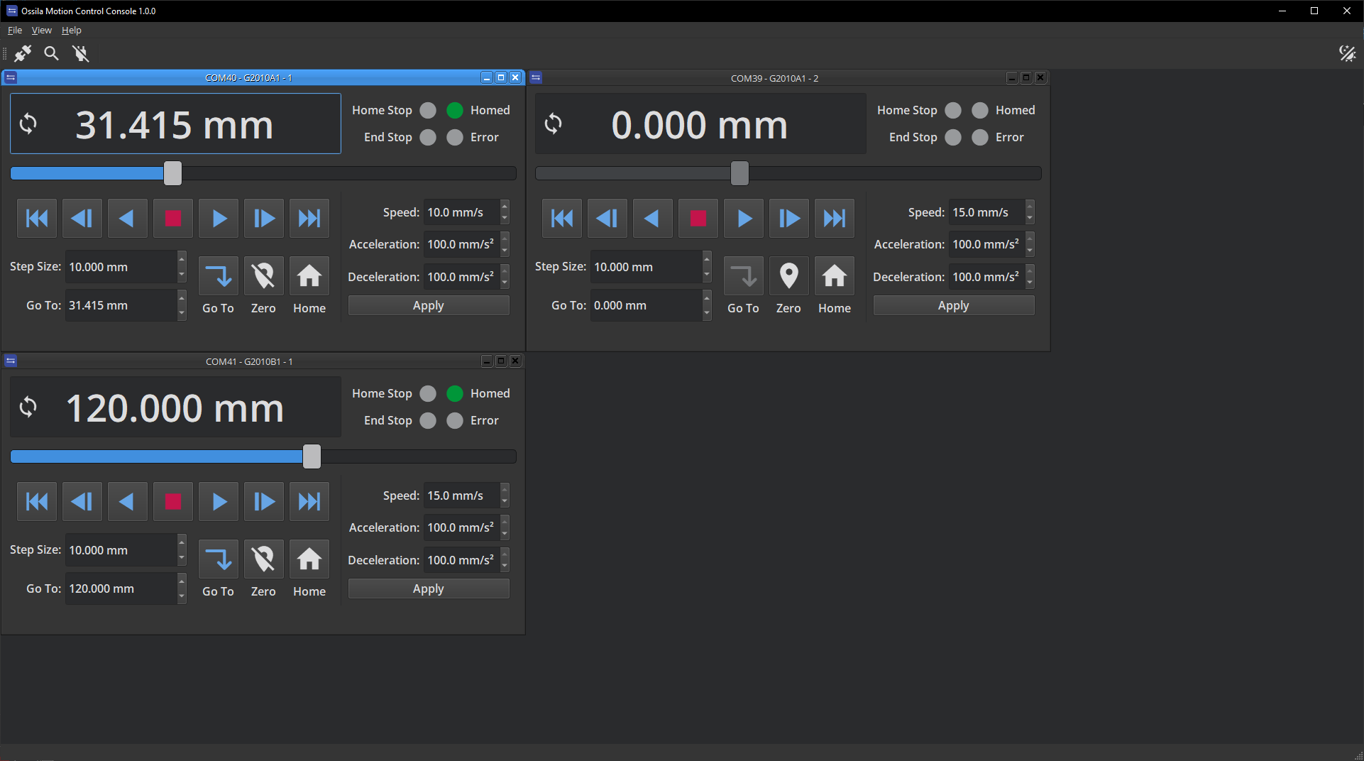 Free linear stage control software in dark mode