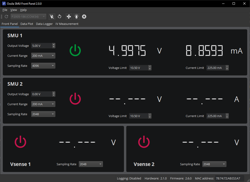 Ossila Source Measure Unit Software Front Panel