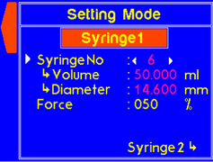 Settings mode - Selecting preset syringe settings for syringe 1